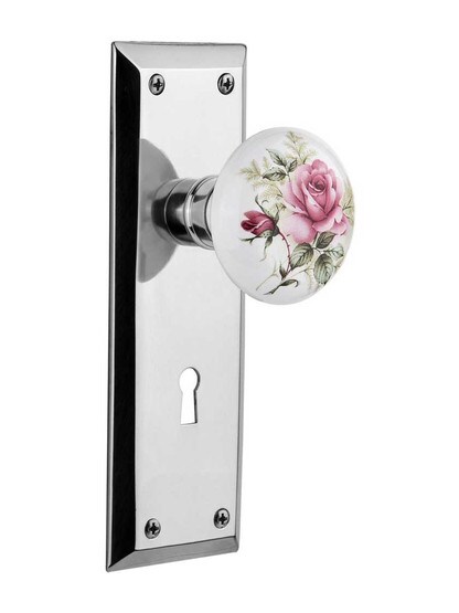 New York Plate with Rose Porcelain Knob with Keyhole in Polished Chrome.
